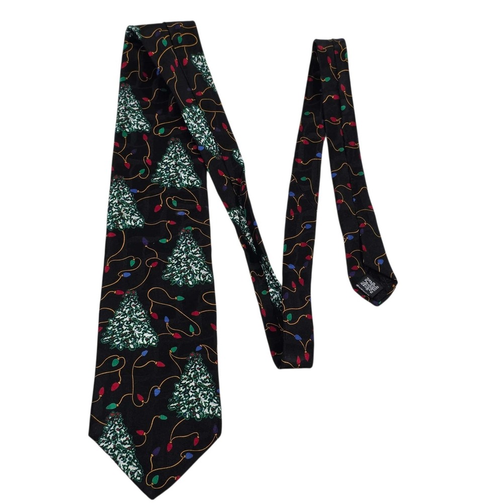 Cool Yule Christmas Tree‎ String Lights Silk Necktie Men's Black Holiday Festive